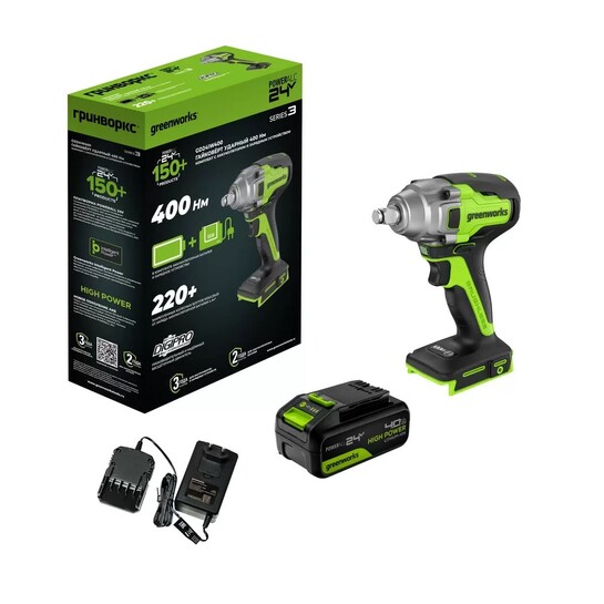 Гайковерт аккумуляторный GREENWORKS GD24IW400 ударный, 24V, АКБ 4Ач и ЗУ