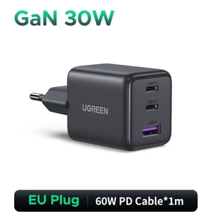 Зарядное устройство UGREEN 30W 3 Ports GaN Charger (2×USB-C, 1×USB-A) с функцией быстрой зарядки