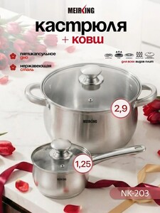 Кастрюля и ковш с крышкой MEIRKING из нержавеющей стали с толстым дном 4 предмета (с картой OZON и бонусами)
