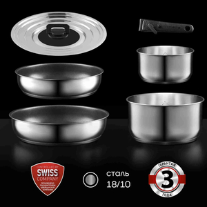 Набор посуды Polaris EasyKeep-6DSS из нержавеющей стали (6 предметов: сковорода 24 см и 26 см, ковш 16 см, кастрюля 20 см, крышка универсальная, ручка, с картой OZON)